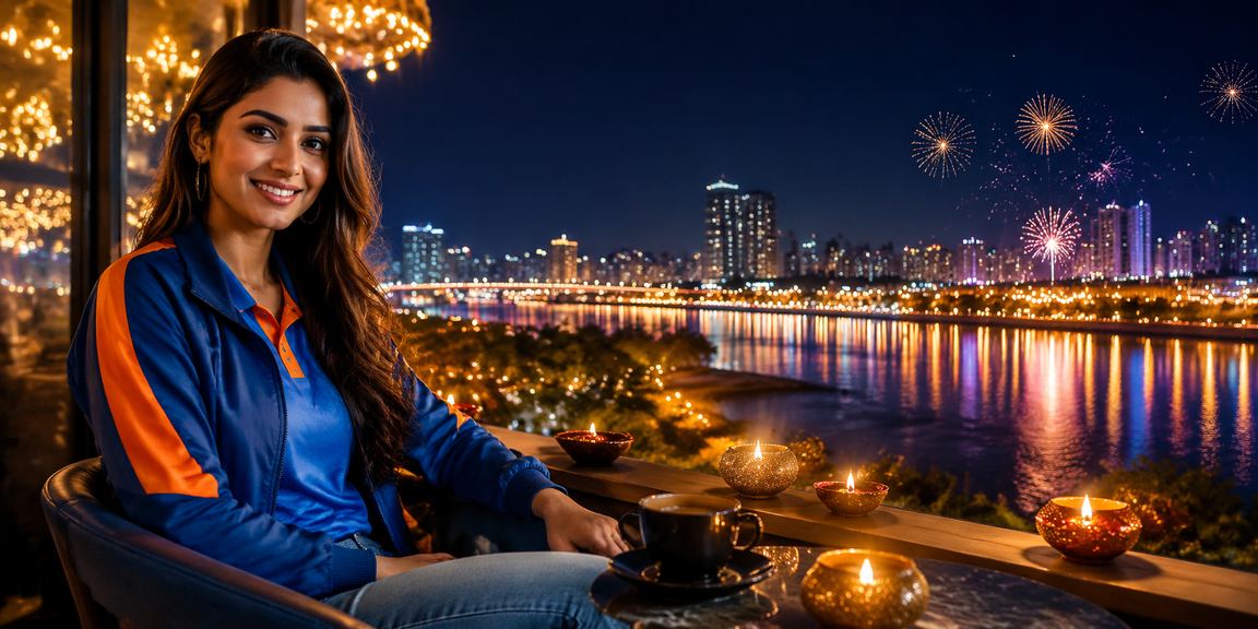 Cricket betting enthusiasts enjoying a match near Ahmedabad riverfront during Diwali festival
