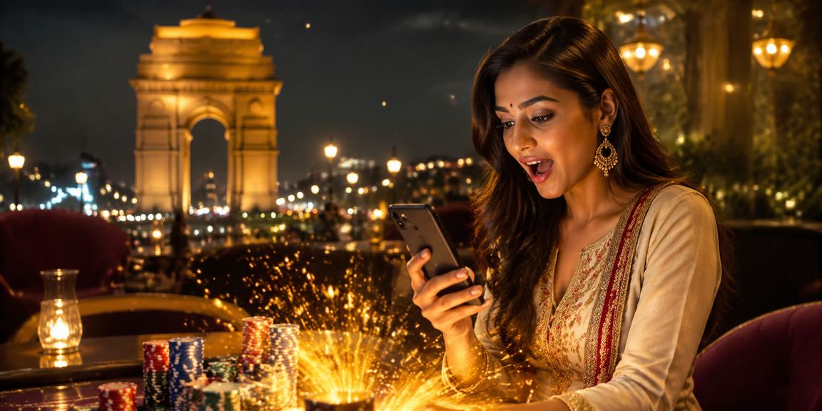A player using mobile device for casino gaming in Delhi India Gate