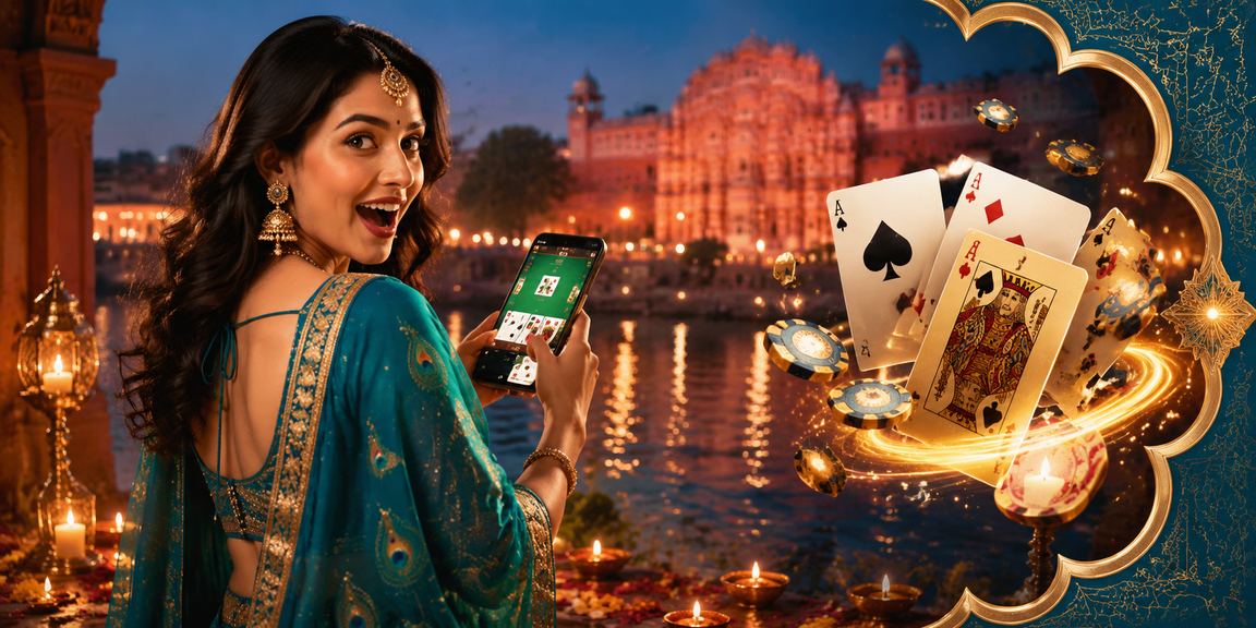 Indian woman playing slots on mobile device in traditional saree at home Jaipur